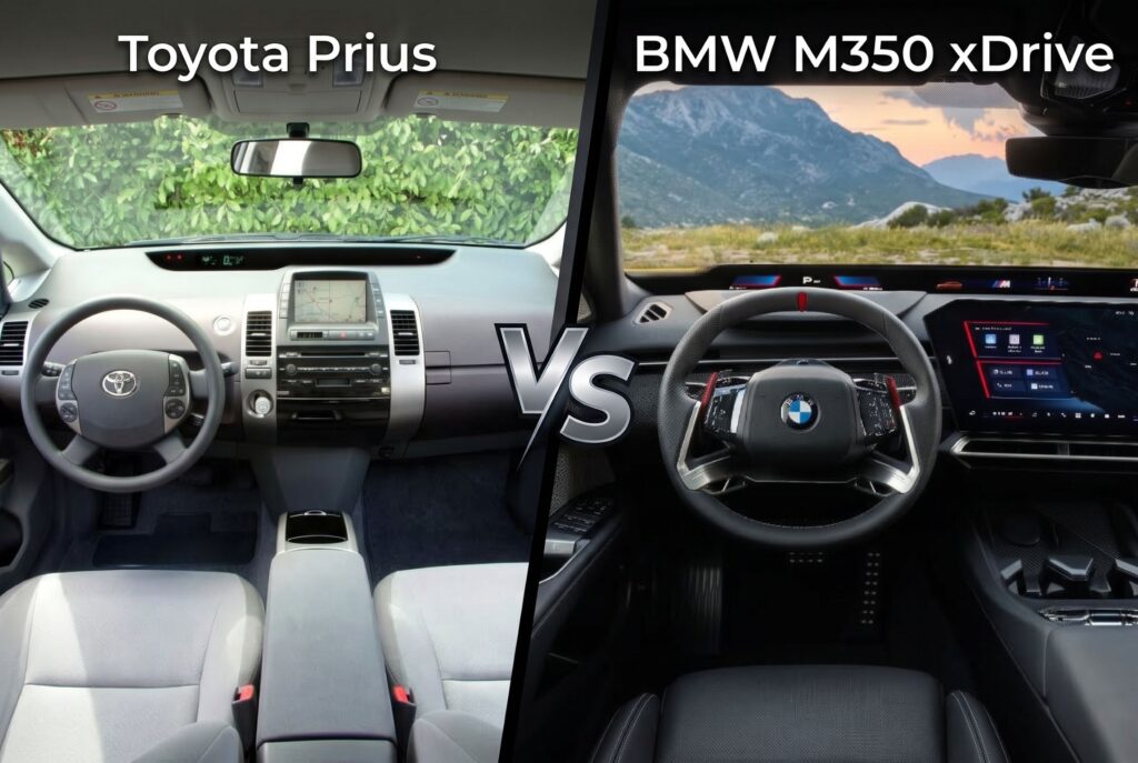 Wnętrze nowego BMW M350 2027 i Toyoty Prius II obok siebie, pasek wyświetlacza pod szybą w obu autach
